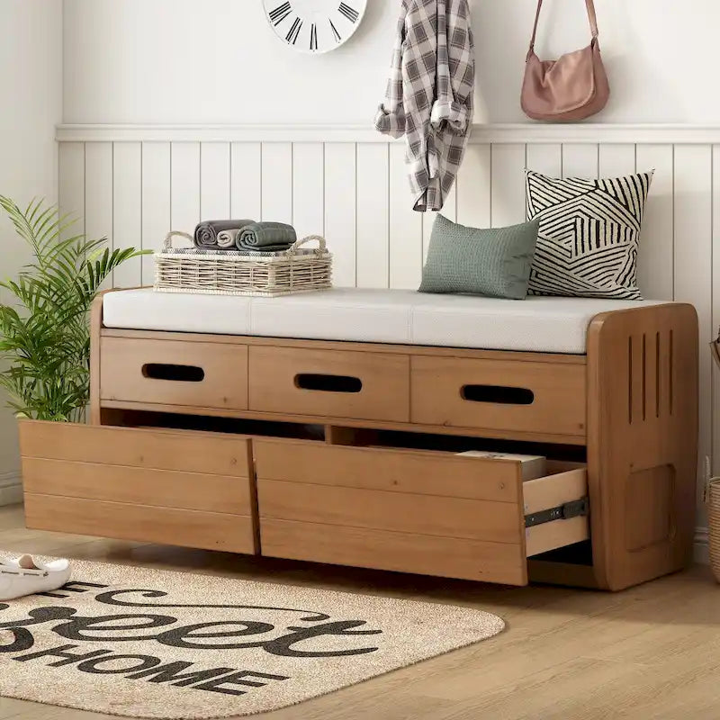 Banc de rangement rustique avec tiroirs pour 2 personnes – Espresso/Bois naturel/Bleu marine/Blanc