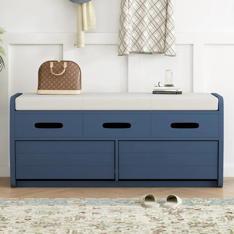 Banc de rangement rustique avec tiroirs pour 2 personnes – Espresso/Bois naturel/Bleu marine/Blanc
