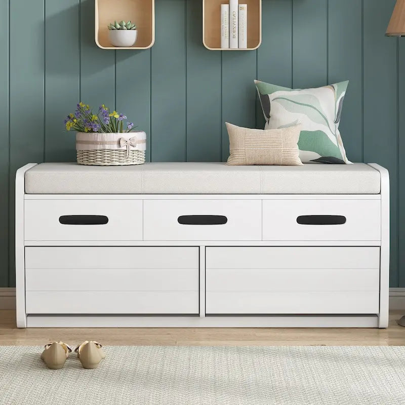 Banc de rangement rustique avec tiroirs pour 2 personnes – Espresso/Bois naturel/Bleu marine/Blanc