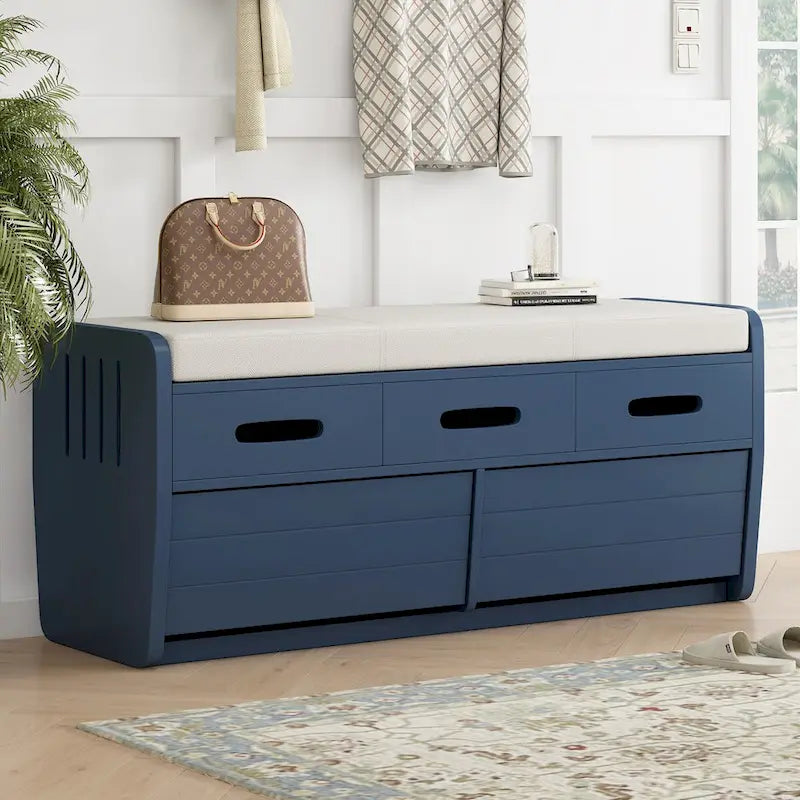 Banc de rangement rustique avec tiroirs pour 2 personnes – Espresso/Bois naturel/Bleu marine/Blanc