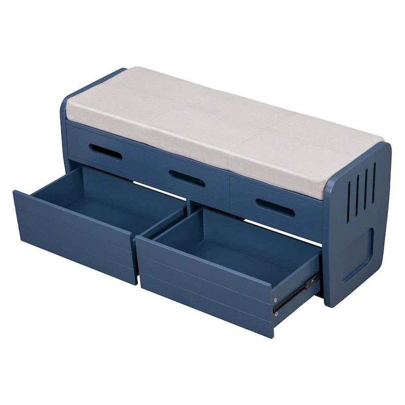 Banc de rangement rustique avec tiroirs pour 2 personnes – Espresso/Bois naturel/Bleu marine/Blanc