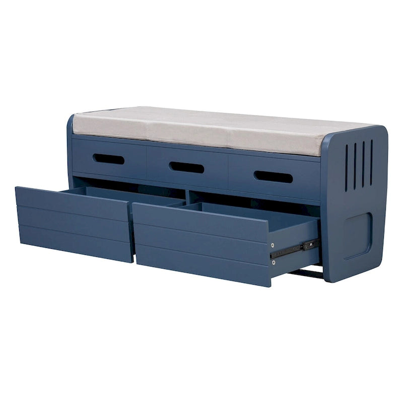 Banc de rangement rustique avec tiroirs pour 2 personnes – Espresso/Bois naturel/Bleu marine/Blanc