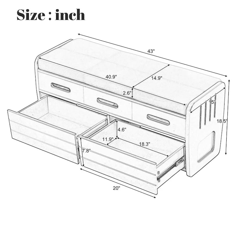 Banc de rangement rustique avec tiroirs pour 2 personnes – Espresso/Bois naturel/Bleu marine/Blanc