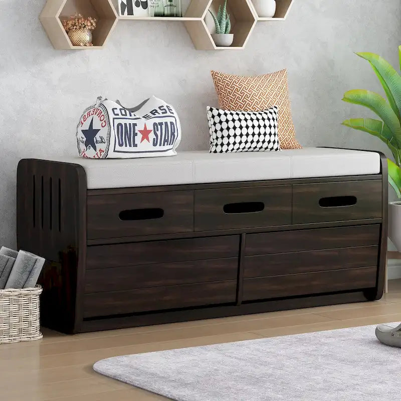 Banc de rangement rustique avec tiroirs pour 2 personnes – Espresso/Bois naturel/Bleu marine/Blanc