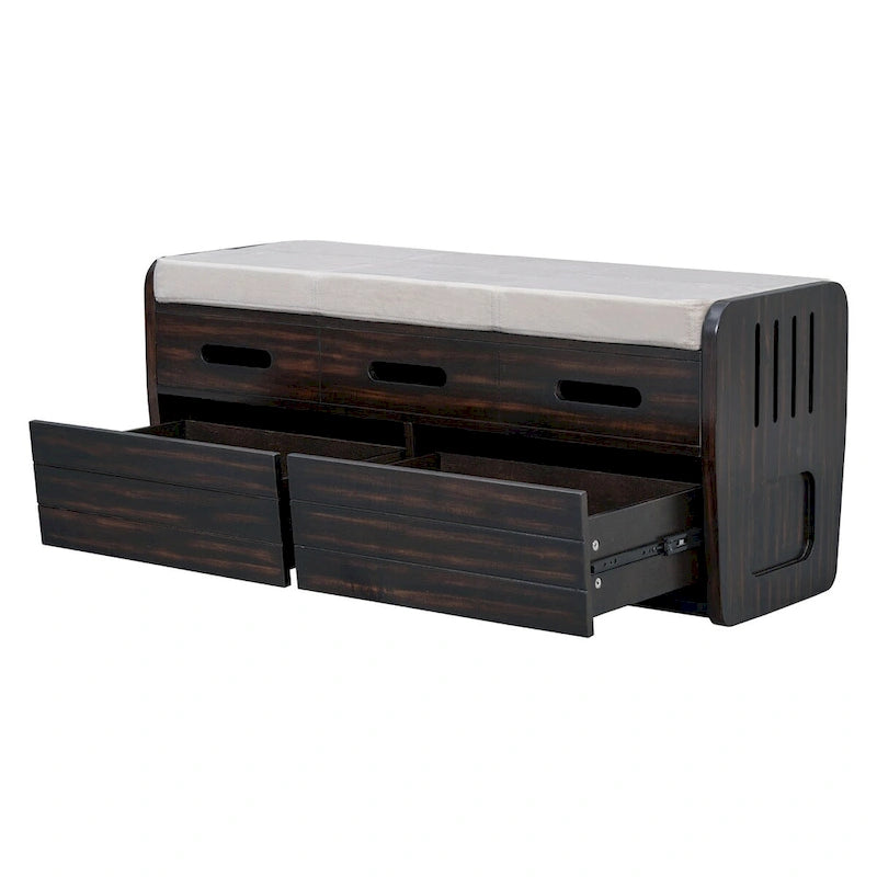 Banc de rangement rustique avec tiroirs pour 2 personnes – Espresso/Bois naturel/Bleu marine/Blanc
