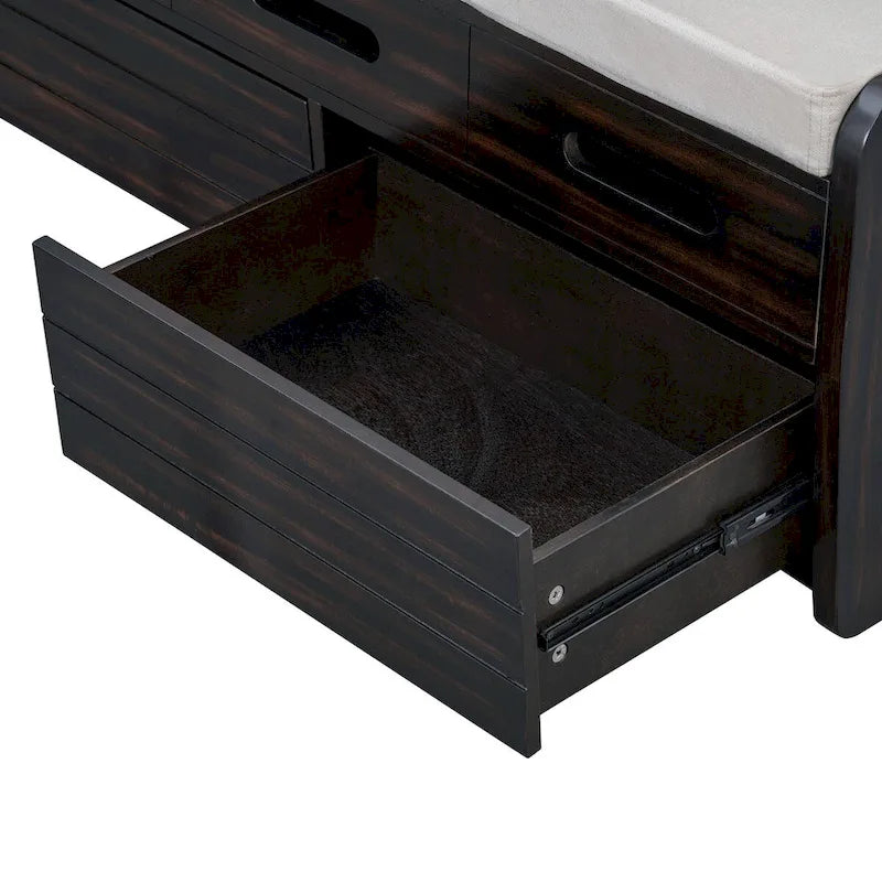 Banc de rangement rustique avec tiroirs pour 2 personnes – Espresso/Bois naturel/Bleu marine/Blanc
