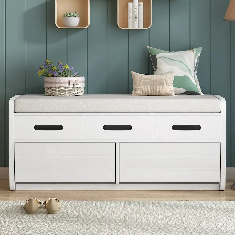 Banc de rangement rustique avec tiroirs pour 2 personnes – Espresso/Bois naturel/Bleu marine/Blanc