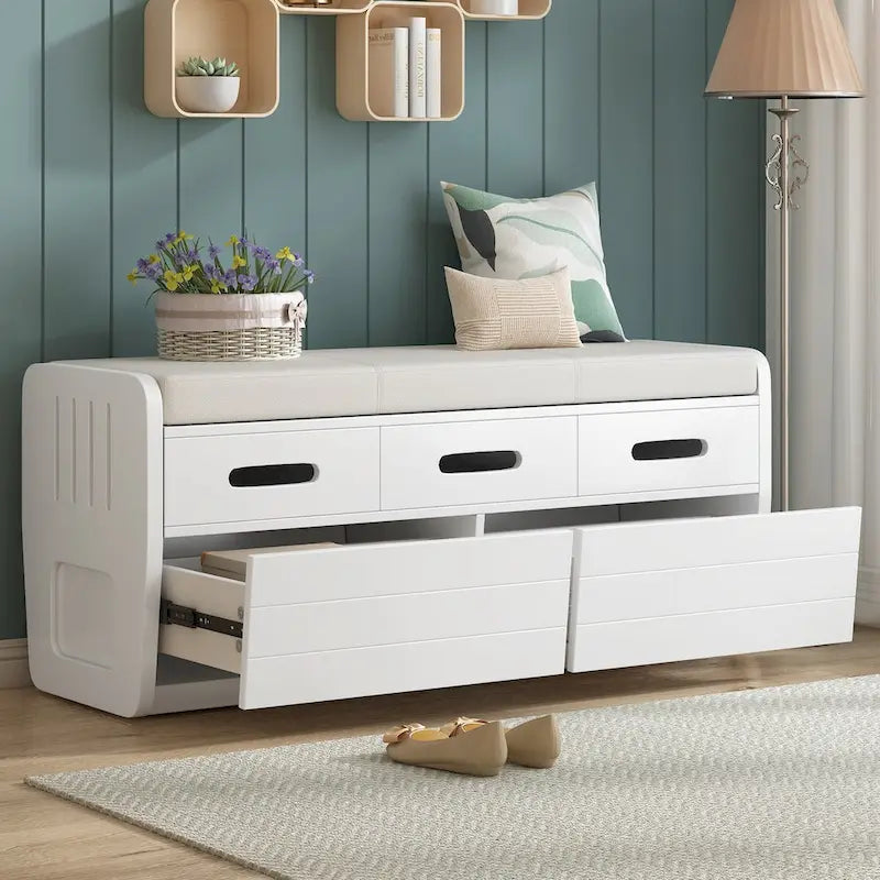 Banc de rangement rustique avec tiroirs pour 2 personnes – Espresso/Bois naturel/Bleu marine/Blanc