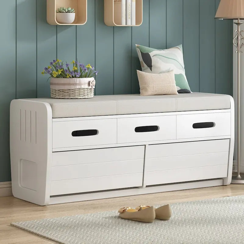 Banc de rangement rustique avec tiroirs pour 2 personnes – Espresso/Bois naturel/Bleu marine/Blanc