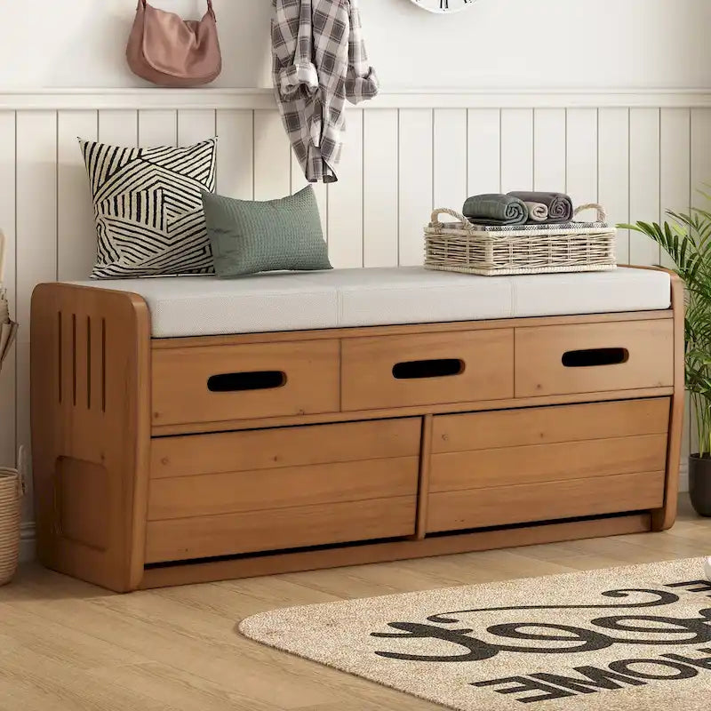Banc de rangement rustique avec tiroirs pour 2 personnes – Espresso/Bois naturel/Bleu marine/Blanc