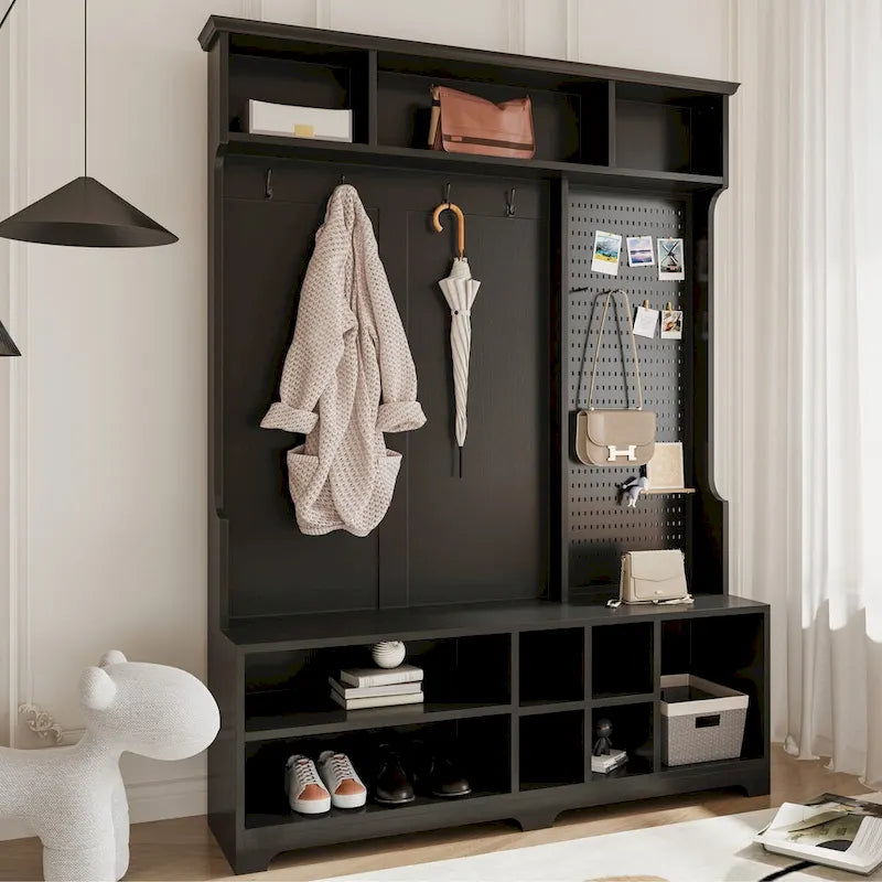 Portemanteau d'entrée noir/blanc avec banc à chaussures, patère et étagères de rangement — 1 personne