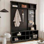 Portemanteau d'entrée noir/blanc avec banc à chaussures, patère et étagères de rangement — 1 personne