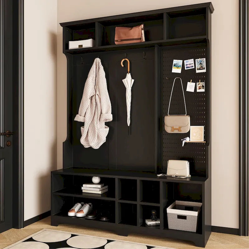 Portemanteau d'entrée noir/blanc avec banc à chaussures, patère et étagères de rangement — 1 personne