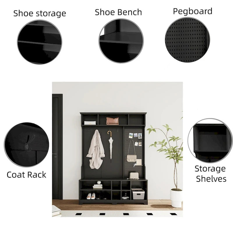 Portemanteau d'entrée noir/blanc avec banc à chaussures, patère et étagères de rangement — 1 personne