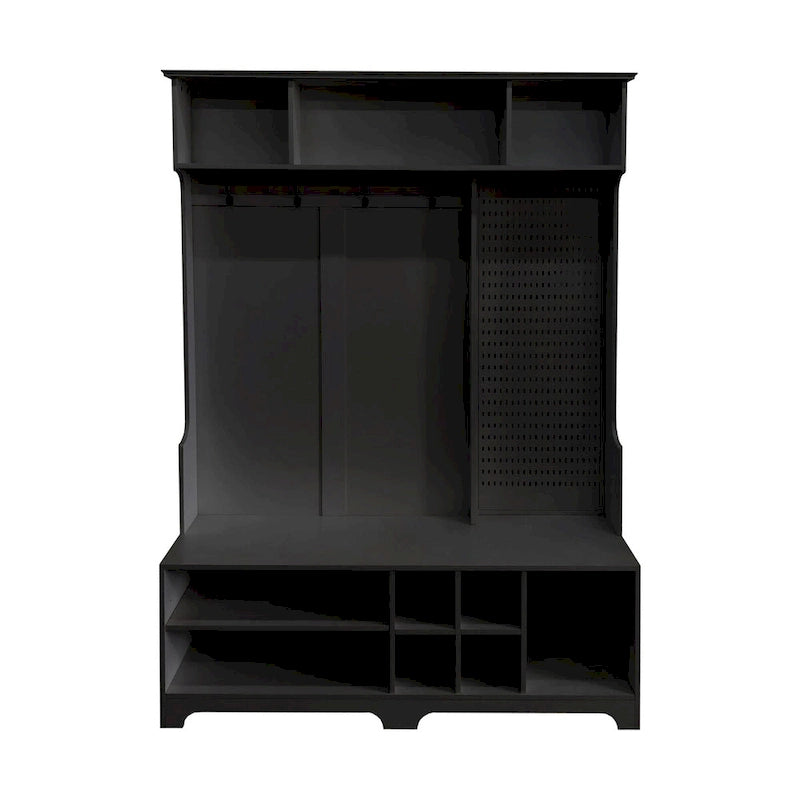 Portemanteau d'entrée noir/blanc avec banc à chaussures, patère et étagères de rangement — 1 personne