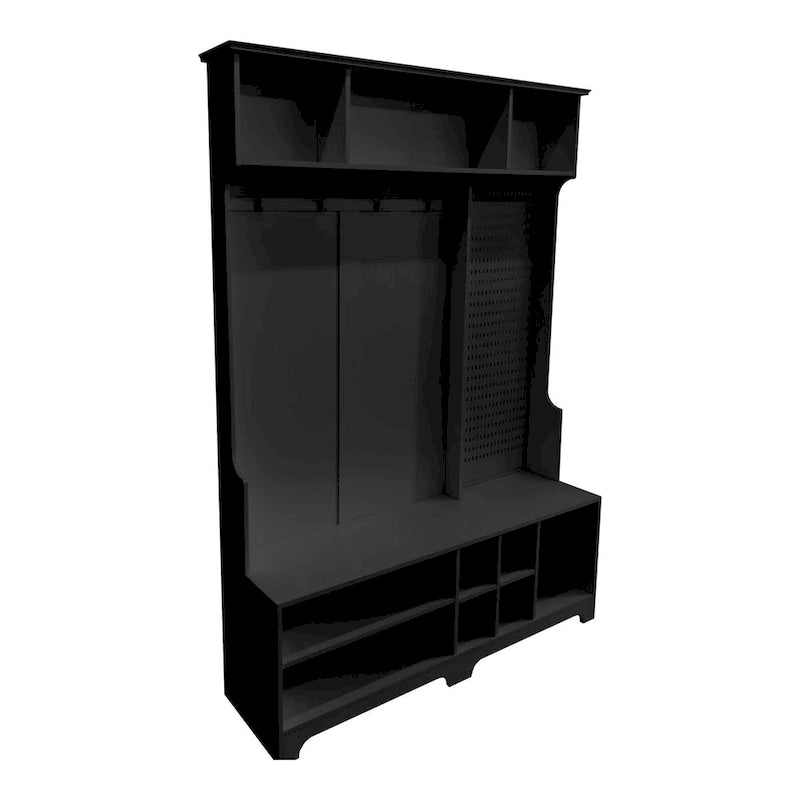 Portemanteau d'entrée noir/blanc avec banc à chaussures, patère et étagères de rangement — 1 personne