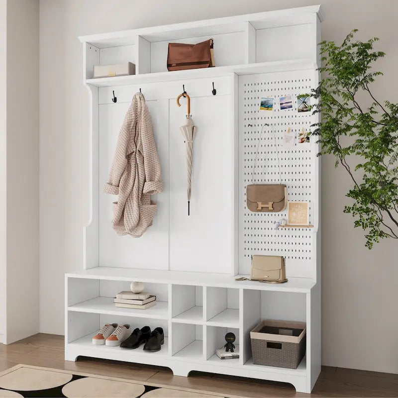 Portemanteau d'entrée noir/blanc avec banc à chaussures, patère et étagères de rangement — 1 personne