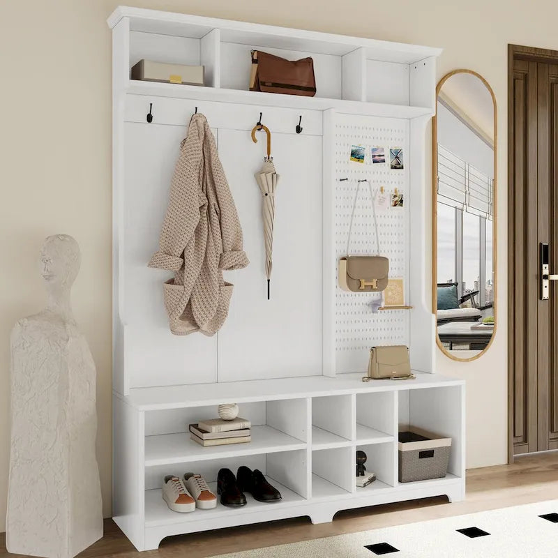 Portemanteau d'entrée noir/blanc avec banc à chaussures, patère et étagères de rangement — 1 personne
