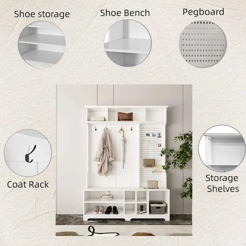 Portemanteau d'entrée noir/blanc avec banc à chaussures, patère et étagères de rangement — 1 personne