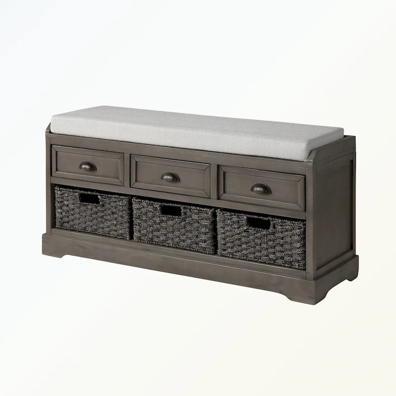 Banc de rangement capitonné gris/blanc/noir avec 3 tiroirs et 3 paniers, 1 à 2 places