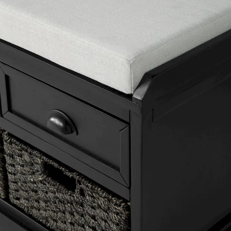 Banc de rangement capitonné gris/blanc/noir avec 3 tiroirs et 3 paniers, 1 à 2 places