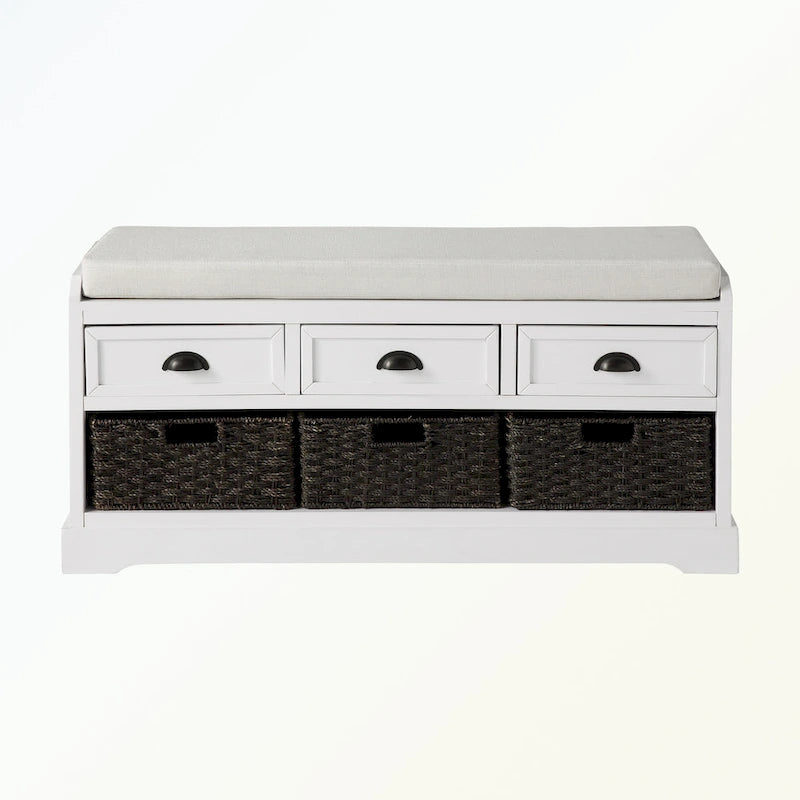 Banc de rangement capitonné gris/blanc/noir avec 3 tiroirs et 3 paniers, 1 à 2 places
