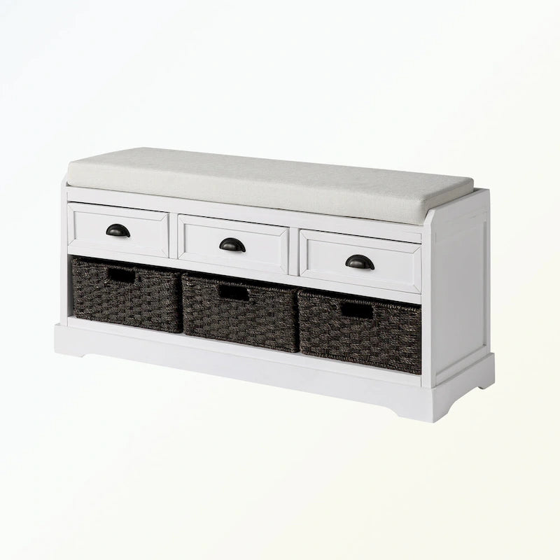Banc de rangement capitonné gris/blanc/noir avec 3 tiroirs et 3 paniers, 1 à 2 places