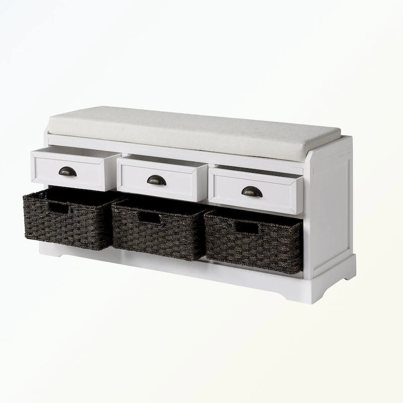 Banc de rangement capitonné gris/blanc/noir avec 3 tiroirs et 3 paniers, 1 à 2 places