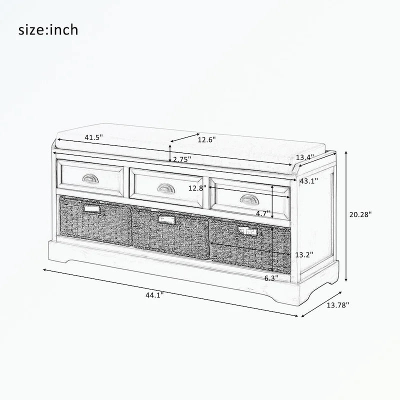 Banc de rangement capitonné gris/blanc/noir avec 3 tiroirs et 3 paniers, 1 à 2 places