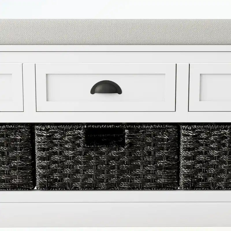 Banc de rangement capitonné gris/blanc/noir avec 3 tiroirs et 3 paniers, 1 à 2 places