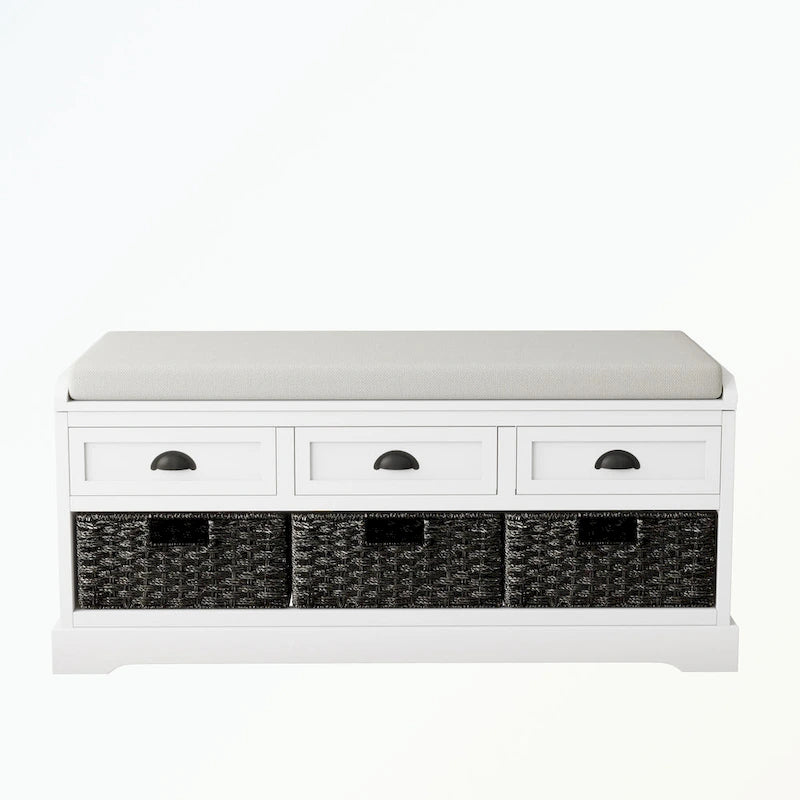 Banc de rangement capitonné gris/blanc/noir avec 3 tiroirs et 3 paniers, 1 à 2 places