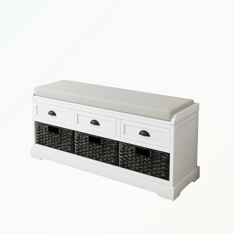 Banc de rangement capitonné gris/blanc/noir avec 3 tiroirs et 3 paniers, 1 à 2 places
