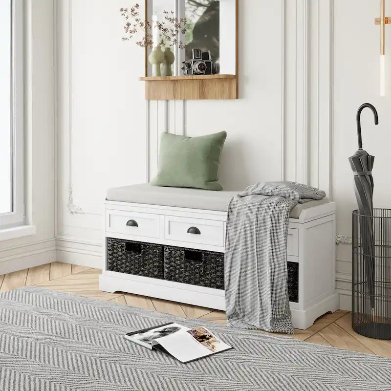 Banc de rangement capitonné gris/blanc/noir avec 3 tiroirs et 3 paniers, 1 à 2 places
