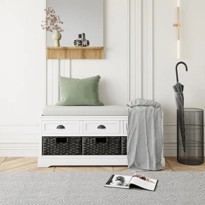 Banc de rangement capitonné gris/blanc/noir avec 3 tiroirs et 3 paniers, 1 à 2 places