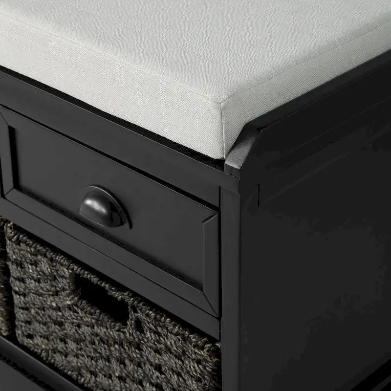 Banc de rangement capitonné gris/blanc/noir avec 3 tiroirs et 3 paniers, 1 à 2 places
