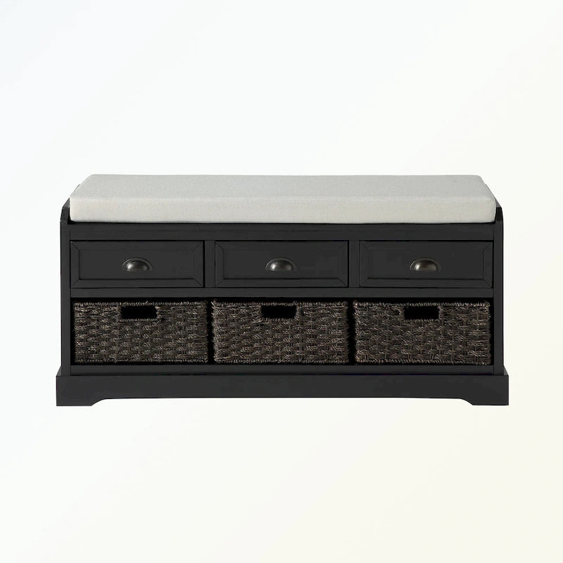 Banc de rangement capitonné gris/blanc/noir avec 3 tiroirs et 3 paniers, 1 à 2 places