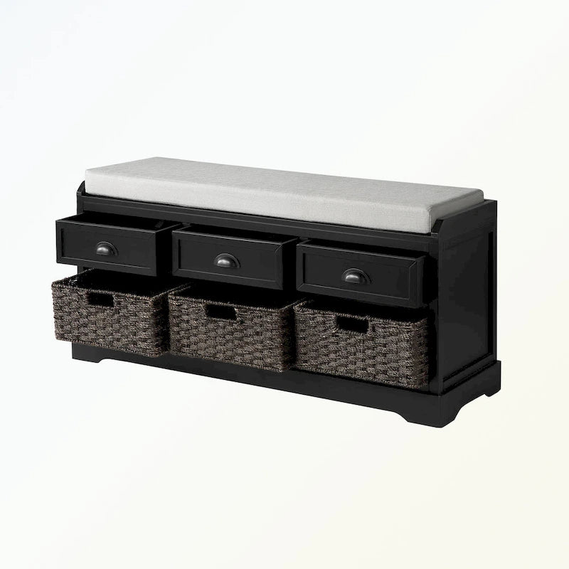 Banc de rangement capitonné gris/blanc/noir avec 3 tiroirs et 3 paniers, 1 à 2 places