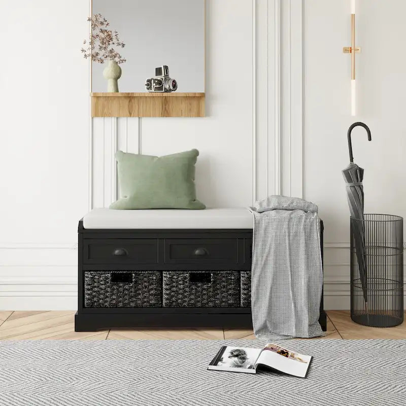 Banc de rangement capitonné gris/blanc/noir avec 3 tiroirs et 3 paniers, 1 à 2 places