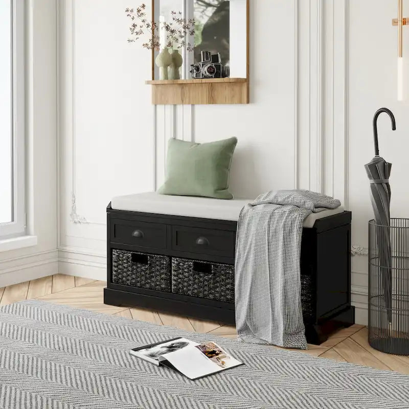 Banc de rangement capitonné gris/blanc/noir avec 3 tiroirs et 3 paniers, 1 à 2 places