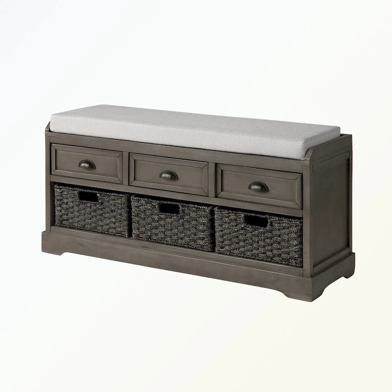 Banc de rangement capitonné gris/blanc/noir avec 3 tiroirs et 3 paniers, 1 à 2 places