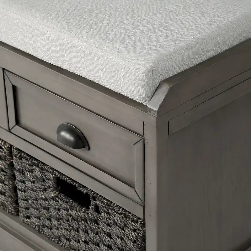 Banc de rangement capitonné gris/blanc/noir avec 3 tiroirs et 3 paniers, 1 à 2 places