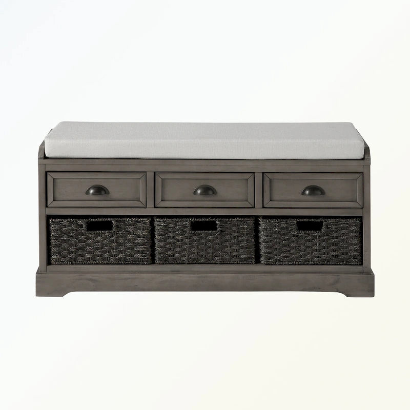 Banc de rangement capitonné gris/blanc/noir avec 3 tiroirs et 3 paniers, 1 à 2 places