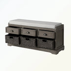 Banc de rangement capitonné gris/blanc/noir avec 3 tiroirs et 3 paniers, 1 à 2 places