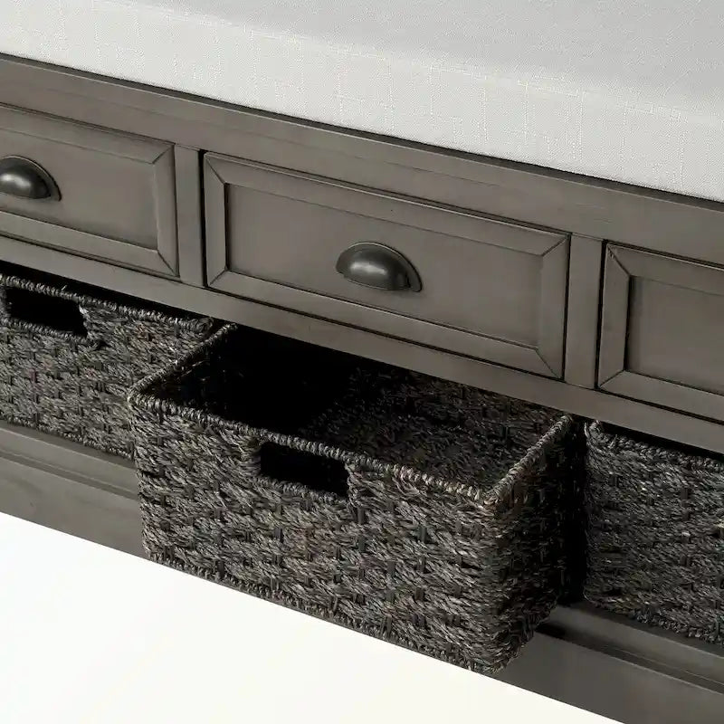 Banc de rangement capitonné gris/blanc/noir avec 3 tiroirs et 3 paniers, 1 à 2 places
