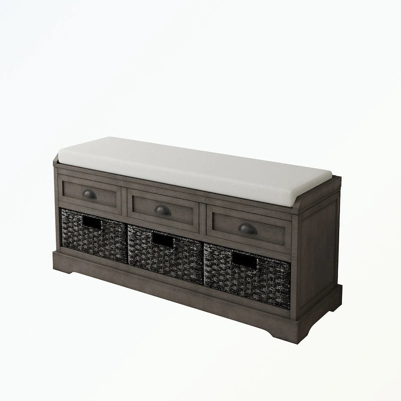 Banc de rangement capitonné gris/blanc/noir avec 3 tiroirs et 3 paniers, 1 à 2 places