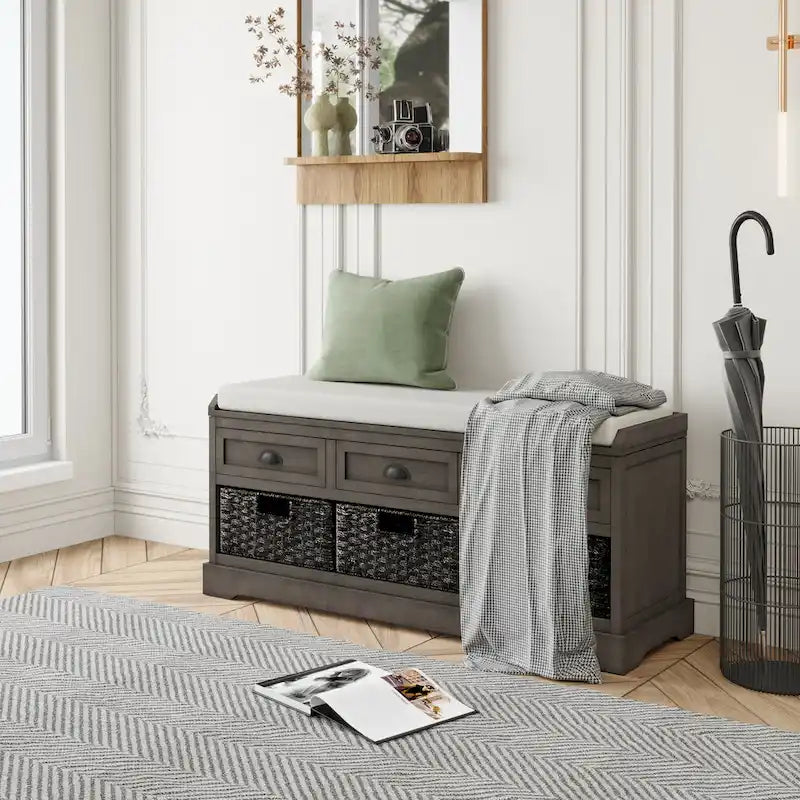 Banc de rangement capitonné gris/blanc/noir avec 3 tiroirs et 3 paniers, 1 à 2 places