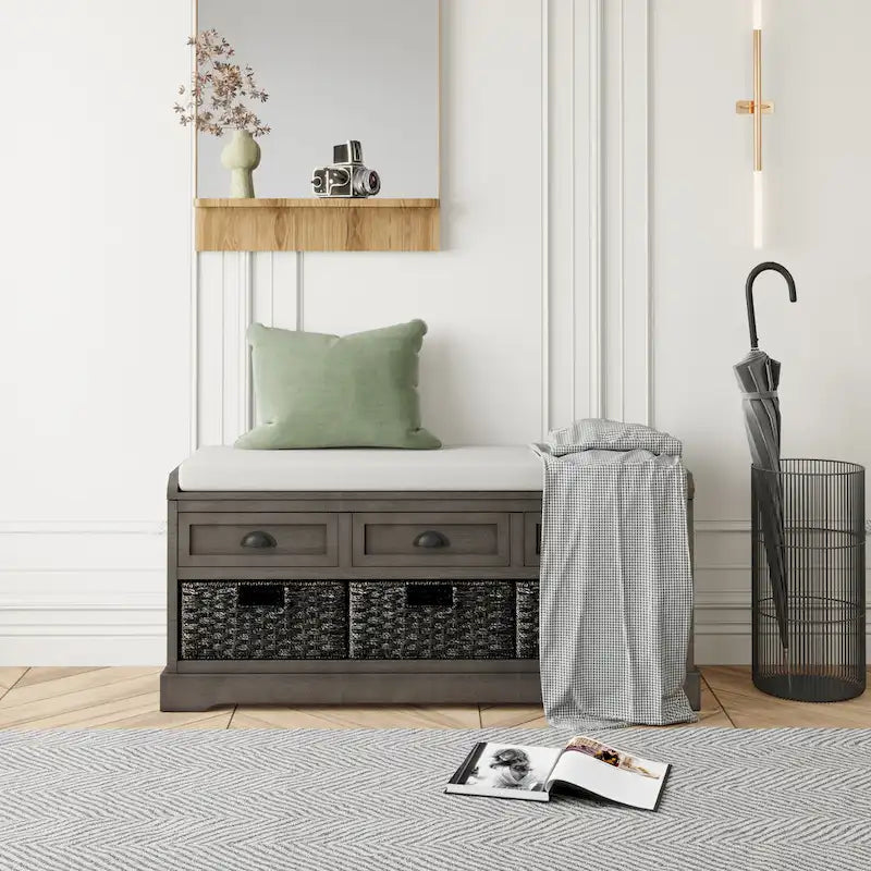Banc de rangement capitonné gris/blanc/noir avec 3 tiroirs et 3 paniers, 1 à 2 places
