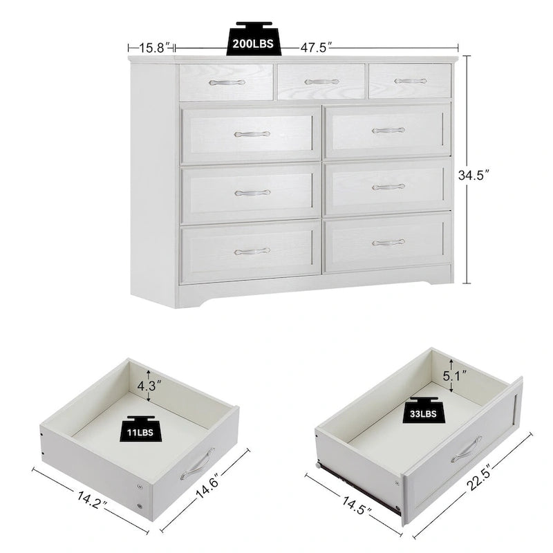Meuble de rangement noir/blanc – Panneau de particules, assemblage à 2 personnes, 9 tiroirs