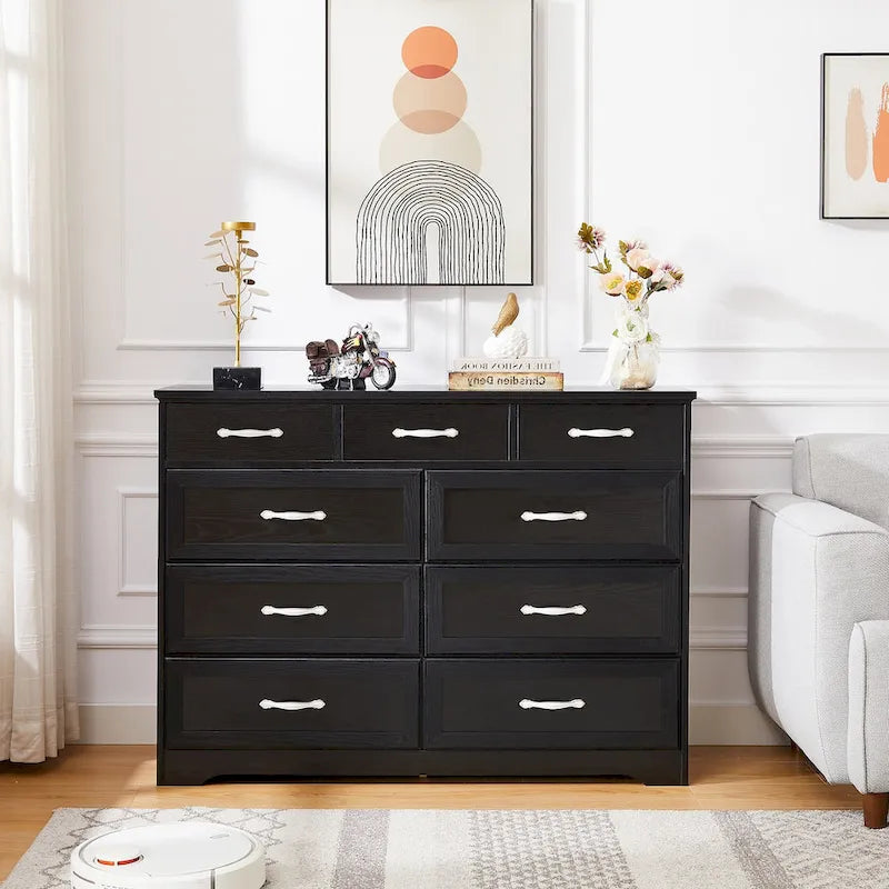 Meuble de rangement noir/blanc – Panneau de particules, assemblage à 2 personnes, 9 tiroirs