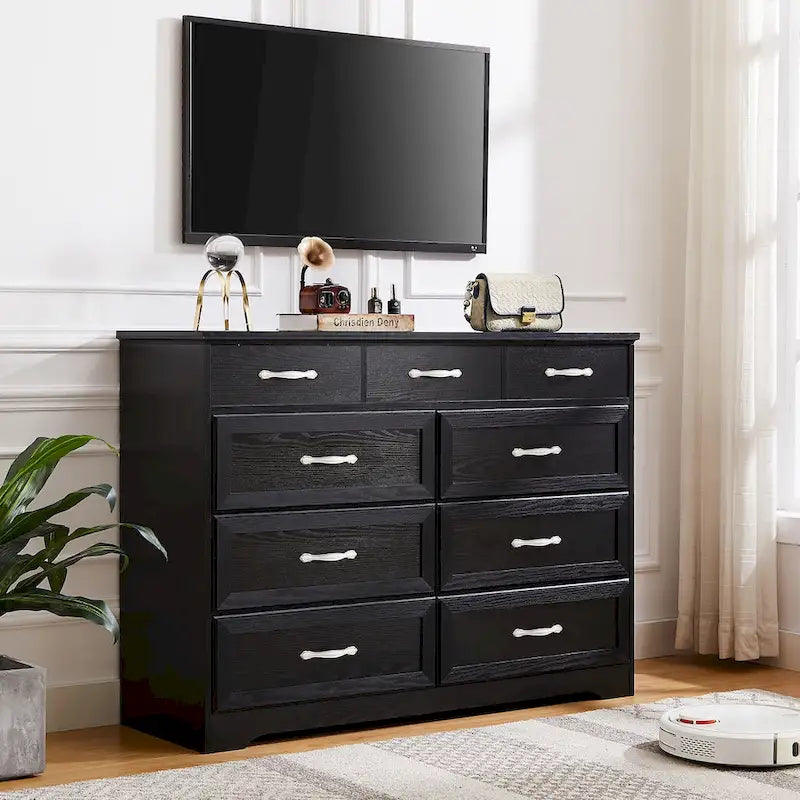 Meuble de rangement noir/blanc – Panneau de particules, assemblage à 2 personnes, 9 tiroirs